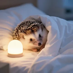 cute hedgehog sleeping in bed with nightlight beside it, comfortable, bright colours, night, cute, adorable, covers, blankets