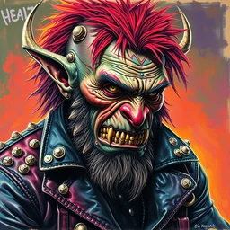 highly detailed oil painting of an apocalyptic orcish biker character by michael whelan, vibrant psychedelic colors, punk rock fashion, studded leather jacket, face tattoos, 8 k, michael whelan art, ed repka art