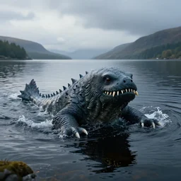 realistic photo of the loch ness monster in a beautiful eery day, swimming in a big loch in north scotland. hypermaximalistic, high details, cinematic, 8 k resolution, beautiful detailed, insanely intricate details, artstation trending, octane render, unreal engine