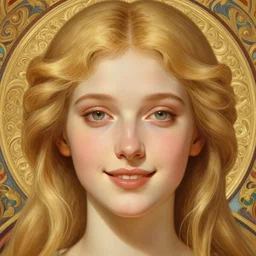 symmetrical beautiful face, portrait of young woman blessed by god with ever - increasing physical and mental perfection, blonde hair, perfect face!! intricate, elegant, highly detailed, vision of holy perfection!! smile, digital painting, artstation, concept art, smooth, sharp focus, illustration, art by artgerm and greg rutkowski and alphonse mucha