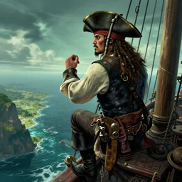 pirate on ship's crow nest watching for a land ,hyperdetailed,hyperrealistic,photorealistic,art by trevor henderson,greg rutkowski,artstation,deviantart,professional lighting,western comic style,sharp lineart,eerie,cg society