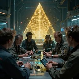 closeup of a technical meeting happening at the spacecraft docks with engineers working at the background, cyberpunk, moody, luminescent, rule of thirds, golden ratio, ambient lighting, syd mead, greg rutkowski, wlop, artgerm, artstation, highly detailed masterpiece