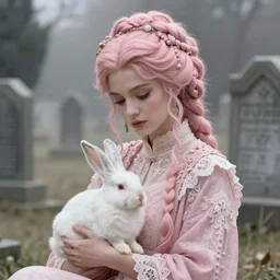 cinestill 5 0 d portrait of a dreamy woman by liebovitz, sitting in a ancient misty cemetery, holding a white rabbit, pale pink tonal matt, hair intricate style, wearing intricate ancient lace, elegant, highly detailed, soft blur, artstation, sharp focus, head in focus,