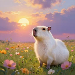 white capybara looking at the sun in a flower field, surreal photography, sunrise dramatic light, impressionist painting, colorful clouds, digital painting, artstation, kilian eng, john harris, bastien lecouffe - deharme, simon stalenhag, flower face