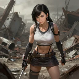 tifa lockhart scavenging in a scrapyard, deep focus, intricate, elegant, highly detailed, digital painting, artstation, concept art, matte, sharp focus, illustration, art by artgerm and greg rutkowski and alphonse mucha