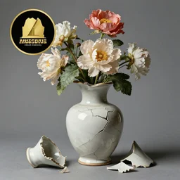 a cracked vase of flowers, broken vase, flowers, pottery, still life painting, artstation award, caravaggio