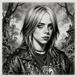 grunge drawing of billie eilish by - michael karcz , loony toons style, horror themed, detailed, elegant, intricate