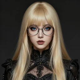award winning digital portrait of a beautiful woman with long blonde hair and a fringe and dark blue eyes, wearing large round thin - rimmed glasses, modern gothic edgy clothes, blonde color very long hair, bloom, intricate, elegant, sharp focus, digital illustration, highly detailed, octane render, digital painting, concept art, art by ruan jia and greg rutkowski and sachin teng and professional artist, masterpiece