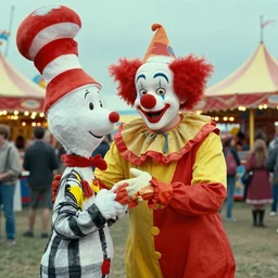 the clown creature helps at the fair, film still from the movie directed by denis villeneuve and david cronenberg with art direction by salvador dali and dr. seuss
