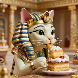 closeup profile face portrait of a tin toy cat dressed as cleopatra eating cakes in a temple, nicoletta ceccoli, mark ryden, lostfish, max fleischer, depth of field, detailed and intricate environment, 8 k resolution, hyperrealistic, octane render