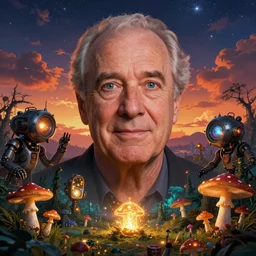 george carlin, evening, burning skies, 4 k, ultra realistic, beautiful eyes, epic lighting, starry sky, magical, glowing forest, mushrooms, machines, high detail, masterpiece, trending on artstation by artgerm and akihito tsukushi and alphonse mucha