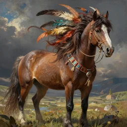 beautiful tribal spirit horse with long flowing colorful mane with feathers, detailed magical realism painting, artstation,