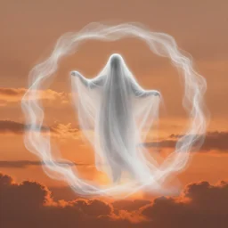digital illustration of a wispy white wraith made of smoke circling through orange clouds at sunset, trending on artstation, digital art ( by joseph meehan ) ( by victor adame ) ( by anna steinbauer )