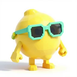 low polygon render of a lemon character with arms and legs wearing mint green sunglasses on a white background, isometric 3 d, ultra hd, vibrant, straight on angle