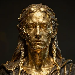 portrait of a surreal ancient god sculpture, gold melting in the face, Darkest cinematic lighting, insanely detailed, trending on artstation, golden ratio, concept art by Emil Melmoth