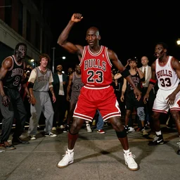 night photograph of michael jordan in the thriller music video, outdoors, in the street, at night, dancing, zombies, chicago bulls, wide shot
