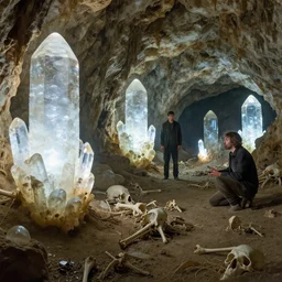 a cave with huge glowing crystals in the walls and piles of bones on the floor, art by donato giancola and greg rutkowski and martin deschambault, sharp focus