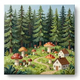 A beautiful painting of a pine forest with a toadstool village, houses in the shape of mushrooms, whimsical cabins, Digital Art by James Christensen and Beeple, Trending on artstation