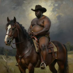 a dramatic ethereal epic painting of a man sitting on a horse | he is black, chubby, and wearing a cowboy hat | homoerotic, highly detailed, realistic, dramatic lighting | by Mark Maggiori, by William Herbert Dunton, by Charles Marion Russell | trending on artstation