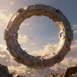 stargate cyberpunk made of stone that form a circle, cinematic view, epic sky, detailed, concept art, low angle, high detail, warm lighting, volumetric, godrays, vivid, beautiful, trending on artstation, by jordan grimmer