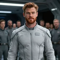 cinematic portrait of chris hemsworth with ginger beard in light grey futuristic jumpsuit, space station at background, high detail, 8 k, sharp focus, movie still, dramatic lighting, ray tracing, smooth, lane brown, finnstark, oleg bulakh, diego fazio, mike dargas, emanuele dascanio, felix englund, michal karcz