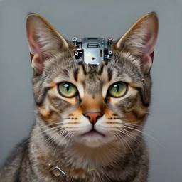 portrait painting of a cat with a cyberpunk steel implant in his head. extremely high detail, artstation contest winner, masterpiece, cyberpunk painting by daniel e. greene, zoey frank, shaun downey