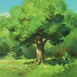 a small young oak in the style of studio ghibli