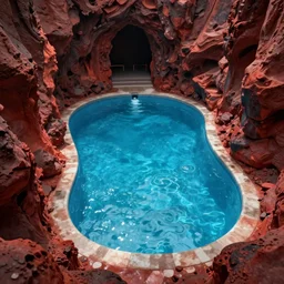 A photo of a blue beautiful pool in the middle of hell in 85mm lense, artistic, highly realistic, super detailed, very very detailed, very ahestetic
