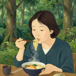 a detailled portrait of a 👩 eating 🍜 in a forest, next to a 🌲 portrait by noriyoshi ohrai & wlop, landscape by canaletto, trending on arstation