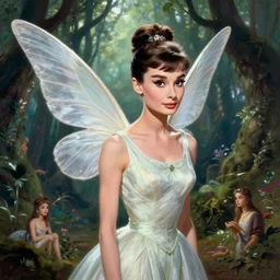 audrey hepburn as a winged fairy in a fantasy forest, various backgrounds, highly detailed, digital painting, artstation, matte, illustration, art by gaston bussiere, artgerm, greg rutkowski, tom bagshaw