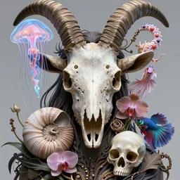 goddess close-up portrait goat skull. jellyfish phoenix head, nautilus, orchid, skull, betta fish, bioluminiscent creatures, intricate artwork by Tooth Wu and wlop and beeple. octane render, trending on artstation, greg rutkowski very coherent symmetrical artwork. cinematic, hyper realism, high detail, octane render, 8k