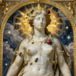 MARBLE majestic baroque sistina saint Woman Venus godness Athena beautiful gracious pagans marble and gold in space stars clouds  suns greeks, coerent face and body, fruits, bioluminescent skin, bees, pomegranade by alphons mucha