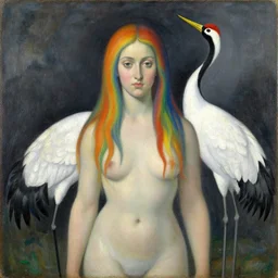 painting by mikalojus konstantinas ciurlionis, bosch. the woman with rainbow hair, white crane