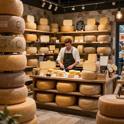 fantasy cheese shop interior with shopkeeper