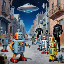 roy lichtenstein painting of 1 9 5 0 s scifi, tin toy robots, ufo, flying saucer, moon, meninblack, steampunk, alley, streets, walter sickert, earl norem, depth of field, hyperrealistic, octane render detailed and intricate environment