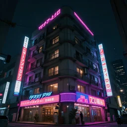 A cyberpunk building from Cyberpunk 2077 at night, it functions as an apartment building, Neon japanese signs