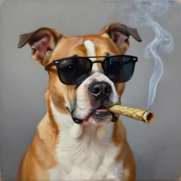 oil painting of a badass dog with sunglasses smoking a blunt