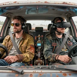 junky men in car cabin, cybertronic gadgets and vr helmet, durty colours, rotten textures, rusty shapes, biotechnology, norman rockwell, tim hildebrandt, mark maggiori, jeff dekal, long shot, hyperrealistic oil painting on canvas, deep depth field, cinematic composition, hyper - detailed, hdr, 8 k, 4 k