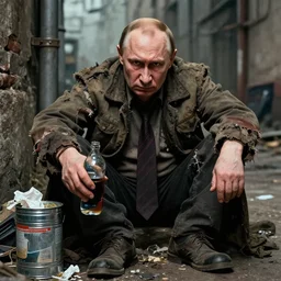 angry putin as homeless man!!!, alcoholic, city madman, torn clothes, garbage can, artstation, artgerm, 8 k, highly detailed, rossdraws, frank frazetta, andrei riabovitchev, marc simonetti