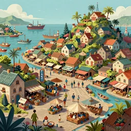 Wide shot, hyperdetailed masterpiece concept art of market of an overgrown harbor village, 4k Detailed Matte Illustration trending on ArtStation