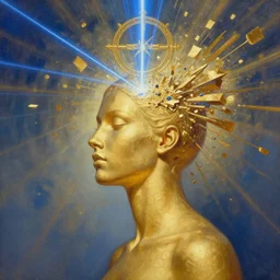 a portrait of a golden skinned goddess with a lazer shining into the top of her head charkra, pieces expanding from impact gold and blue, by android jones, by ben ridgeway, by ross draws, by Noah Bradley, by Maciej Kuciara + illustrative + visionary art + low angle + oil painting + Visionary art, DMT, psychedelic, The god particle, utopia  profile, artgerm,  featured in artstation, elegant, Moebius, Greg rutkowski