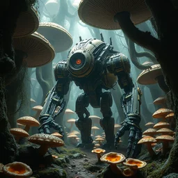 giant biomechanical robot inside otherworldly fungi forest, studio light, neil gaiman, maria panfilova, andrea savchenko, mike kime, ludovic plouffe, qi shengluo, oliver cook, julian calle, eddie mendoza, trending on artstation