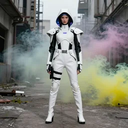 beautiful fashion model with white sci - fi tactical gear, black leather garment, hologram sci - fi hood, full shot fashion photography, misty alleyway, abandoned factory, battle ready, acid color smoke, by irving penn and storm thorgerson, ren heng, peter elson