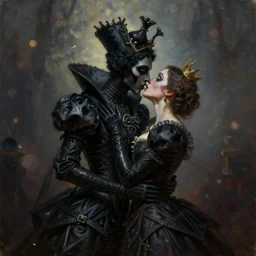 a beautiful oil painting of hell's just a kiss away, bokeh, black queen, in the style of delphin enjolras, ultrarealistic, dynamic lighting, artstation, hyper realism, 3 d octane render, 8 k.