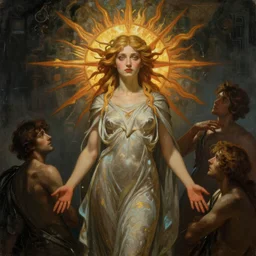 stunning, breathtaking, awe-inspiring award-winning concept art nouveau painting of attractive Mary Mouser as the goddess of the sun, with anxious, piercing eyes, by Alphonse Mucha, Michael Whelan, William Adolphe Bouguereau, John Williams Waterhouse, and Donato Giancola, cyberpunk, extremely moody lighting, glowing light and shadow, atmospheric, cinematic, 8K