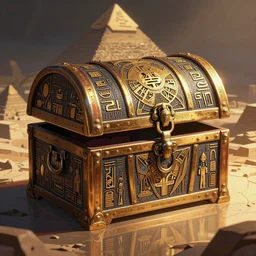 a mysterious casket with weird pseudoegyptian symbols all around it, slightly opened, digital fantasy art, intricate details, anime style, backlight, octane, reflections, pyramid interior background
