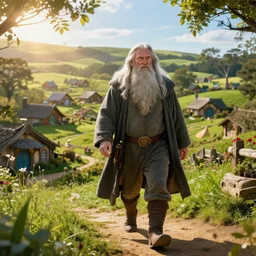 gandalf arriving at hobbitland panoramic view of village, a sunny day, ray of sunlight, volumetric, depth, of field, hypersharp, hyperdetailed, by moebius, high detail, elegant, digital painting, cinematic lighting, vibrant, intricate, textured skin, highly detailed, artstation, sharp, focus, hdr, unreal engine 5, breathtaking, illustration, anna dittmann, ilya kuvshinov, nikolay makovsky