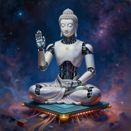 biomechanical robot buddha meditating on a microprocessor while preaching enlightenment to humans, volumetric lighting, volumetric shadows, highly detailed, cosmic background, realistic oil painting by greg rutkowski,