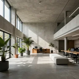“a modern brutalist office with minimalist furnishings, high ceilings, houseplants, photographed by Annie Liebovitz”