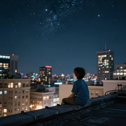 a kid in a big city, on a rooftop, watches a beautiful night full of stars and tech buildings, from a by paul lehr